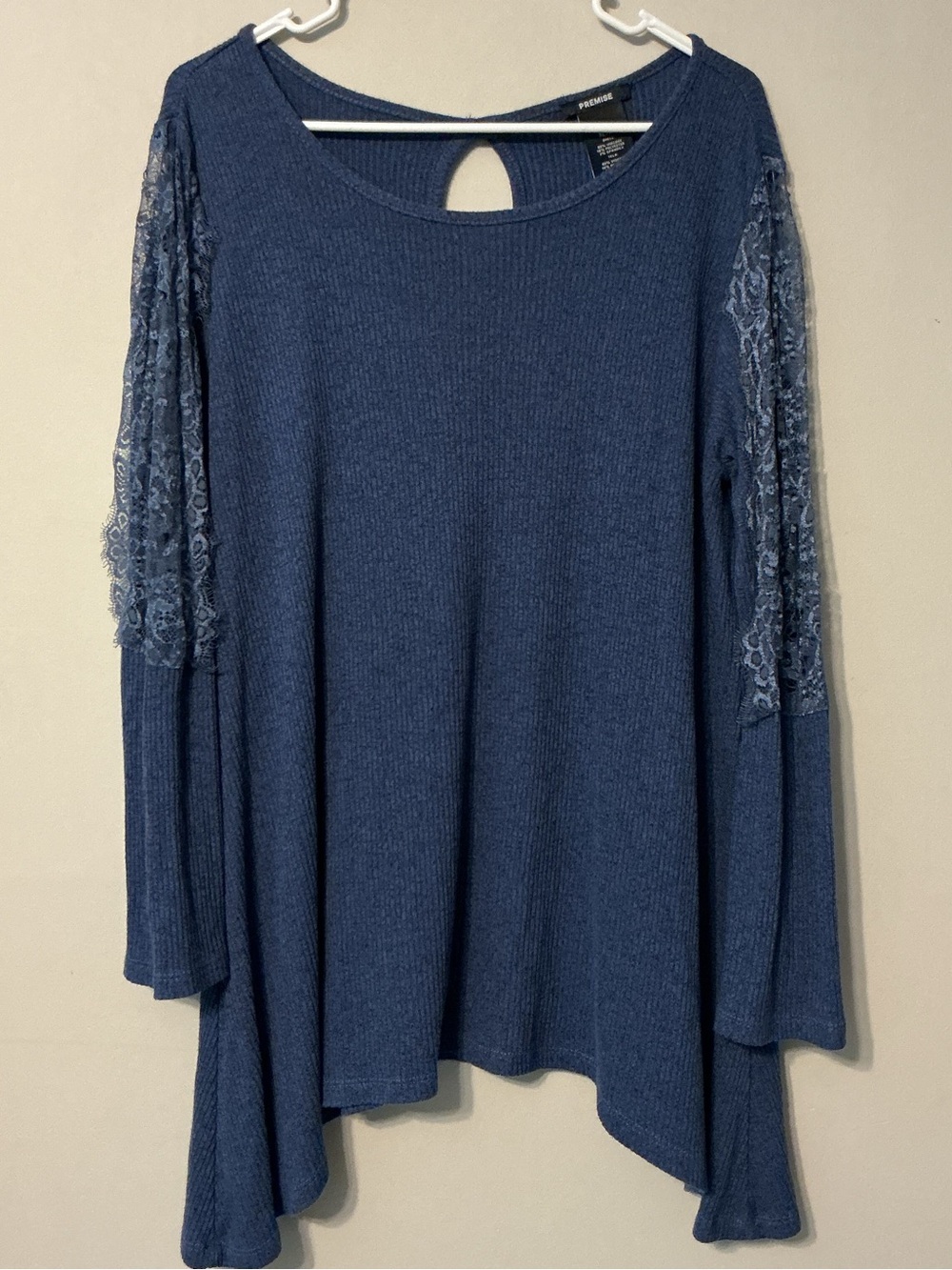 Premise Blue Ribbed Tunic W/ Lace Sleeves